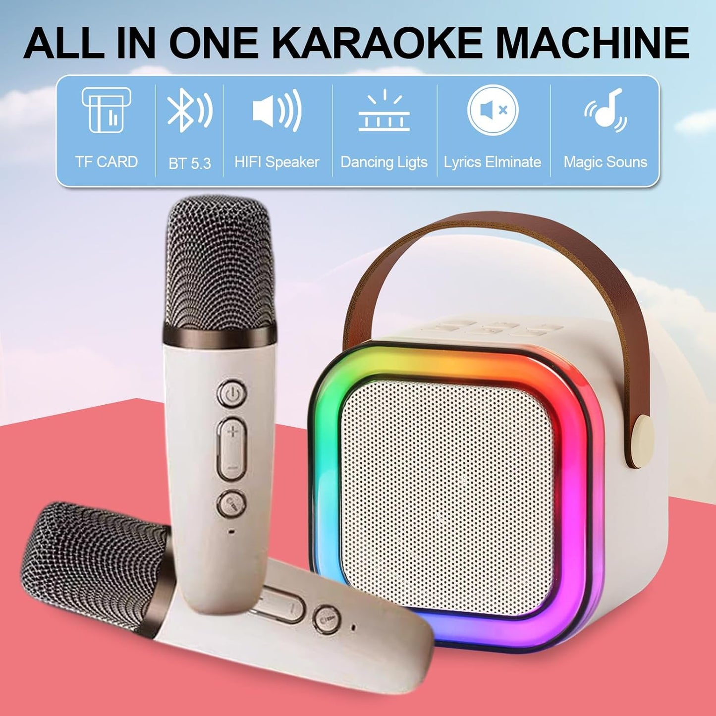 🎤 Kids Karaoke Machine – 2 Wireless Mics, Bluetooth Speaker, LED Lights, Portable Party Fun