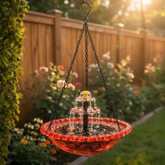 ☀️ Solar Cascade Hanging Bird Bath Fountain – Solar Powered, 8 Spray Modes, Hanging Glass Bowl