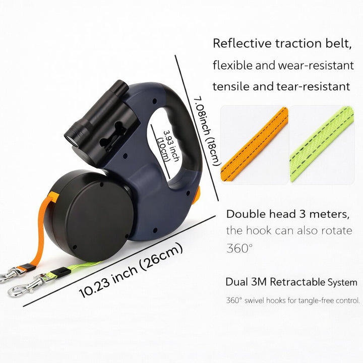 🐕 Retractable Double Dog Leash – Poop Bag Holder, LED Light, 360° Tangle‑Free Swivel
