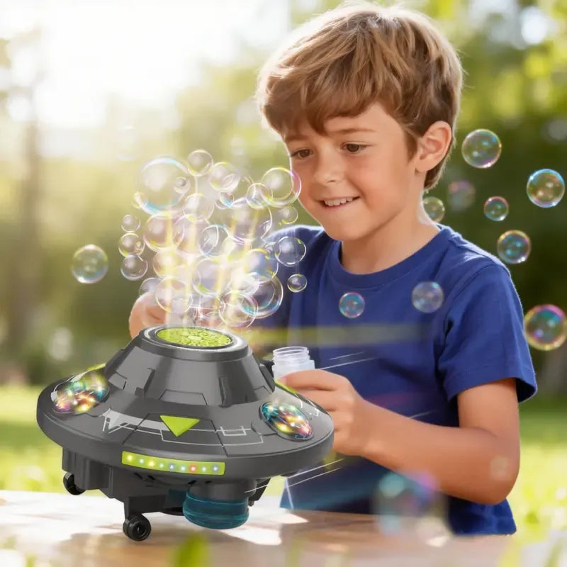 🚀 Kids Portable Bubble Machine – UFO Shape with LED Lights, Music & 360° Auto‑Spin