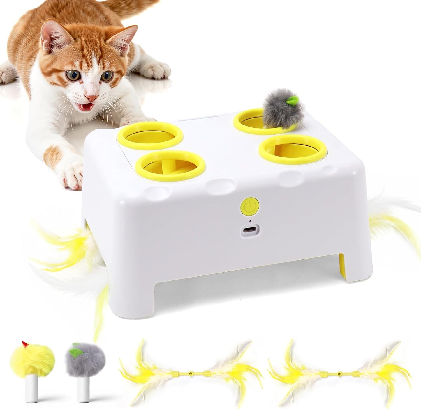 🧀 Interactive Cat Toy – 3 Modes, 4‑Hole Whack‑a‑Mole, Rechargeable, with 4 Accessories