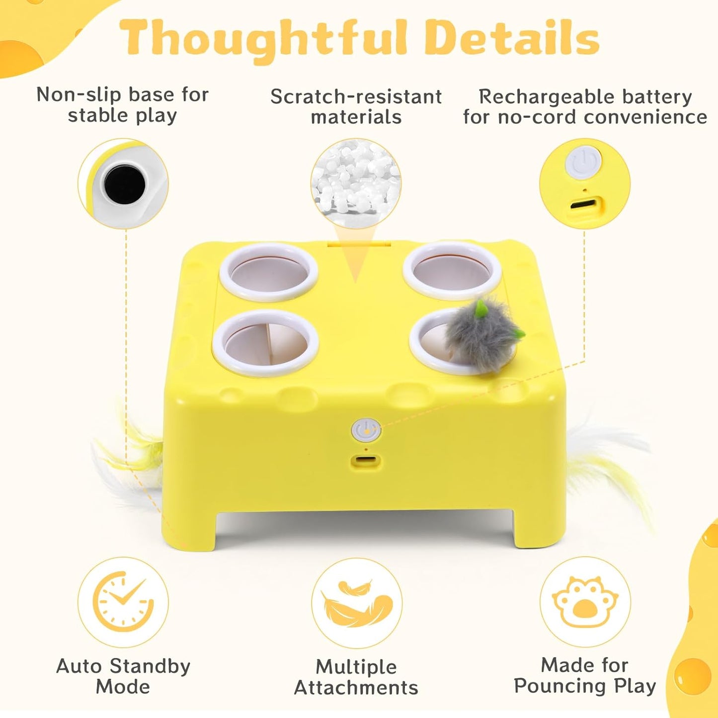 🧀 Interactive Cat Toy – 3 Modes, 4‑Hole Whack‑a‑Mole, Rechargeable, with 4 Accessories