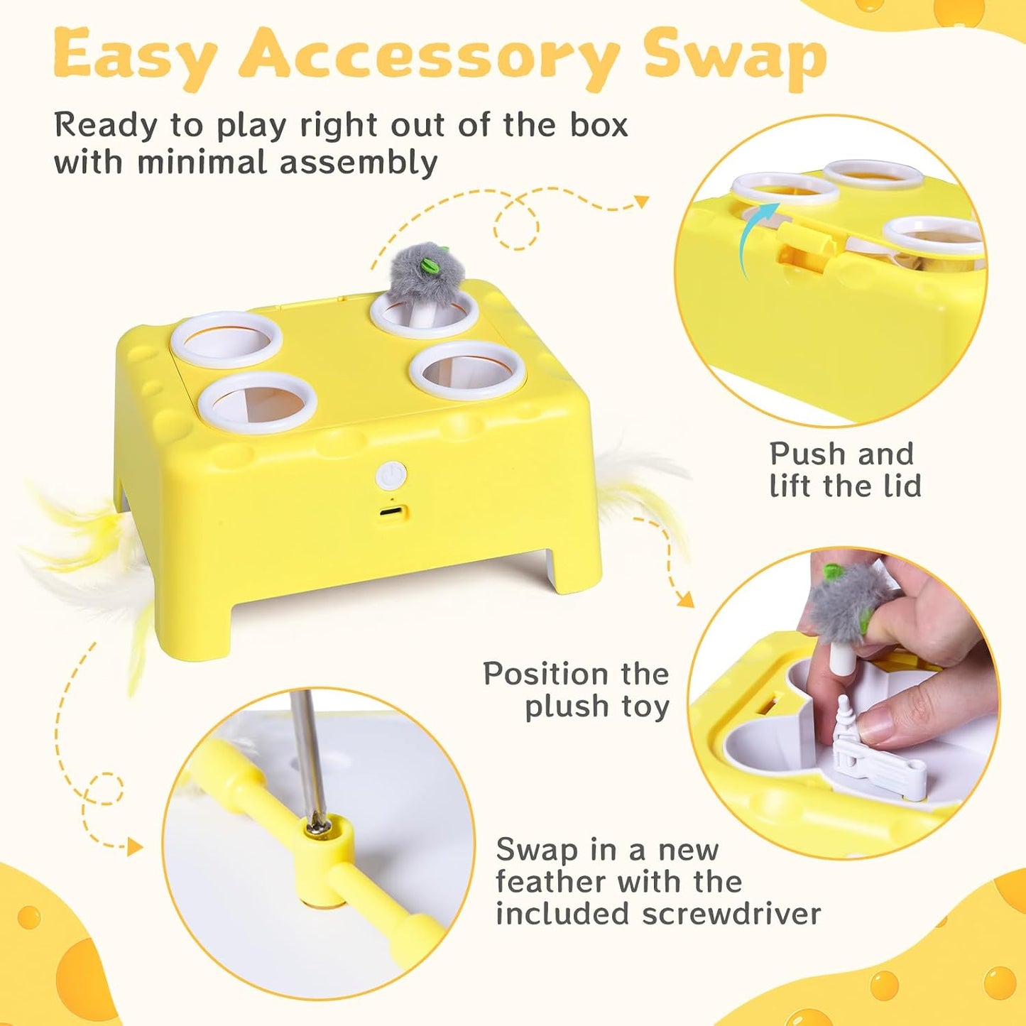 🧀 Interactive Cat Toy – 3 Modes, 4‑Hole Whack‑a‑Mole, Rechargeable, with 4 Accessories