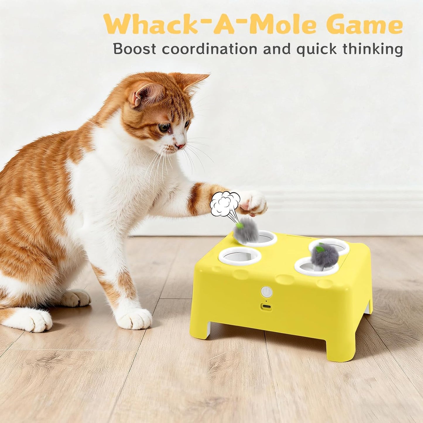🧀 Interactive Cat Toy – 3 Modes, 4‑Hole Whack‑a‑Mole, Rechargeable, with 4 Accessories