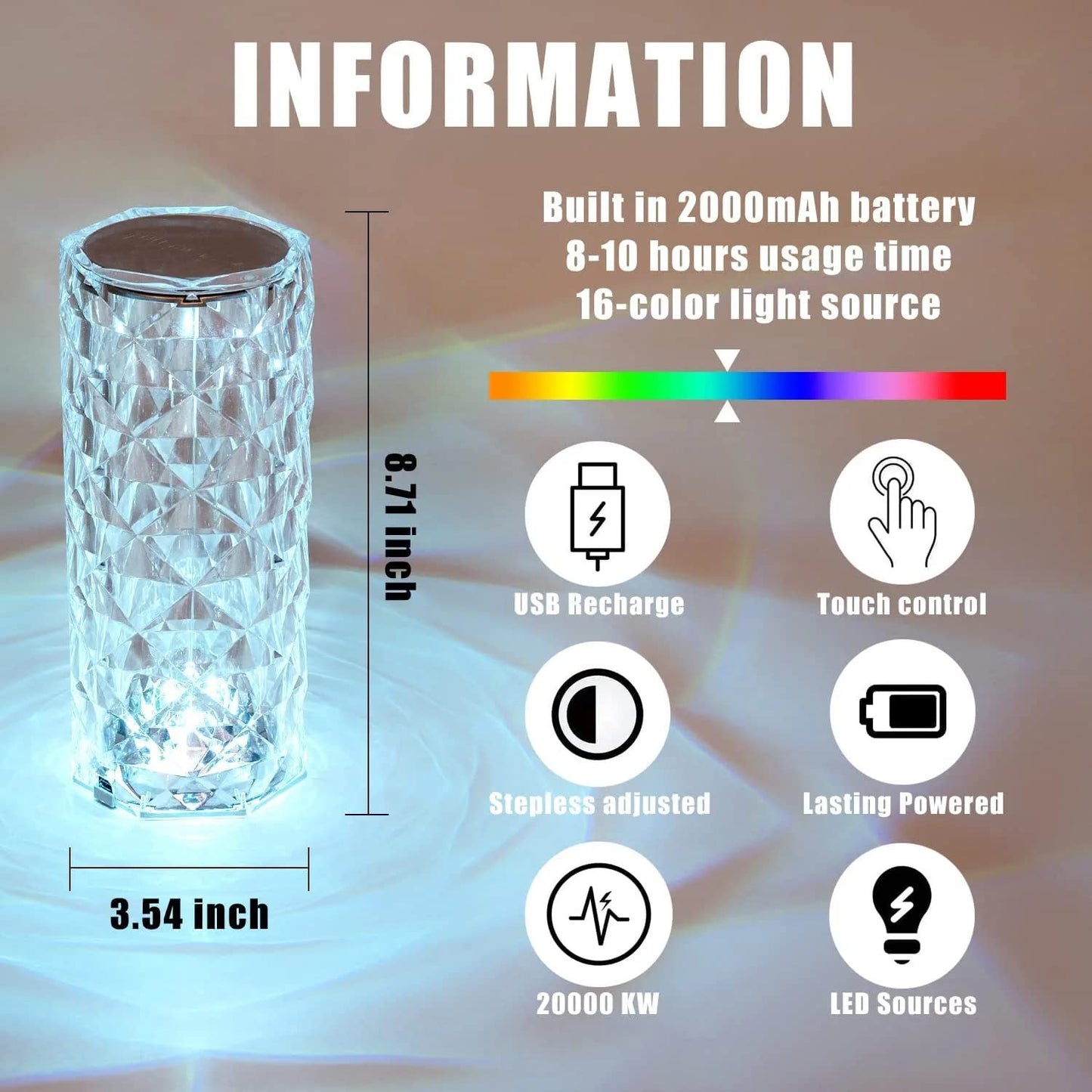 🌹 16‑Color Crystal Rose Table Lamp – USB Rechargeable, Touch & Remote Control, Cordless