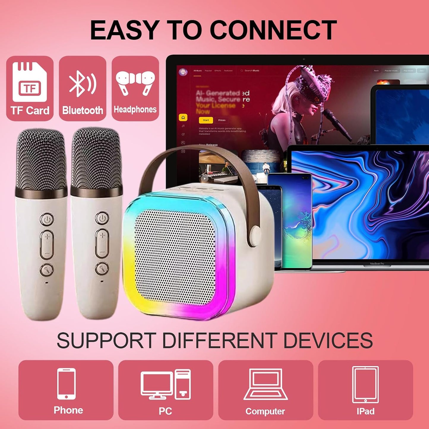🎤 Kids Karaoke Machine – 2 Wireless Mics, Bluetooth Speaker, LED Lights, Portable Party Fun