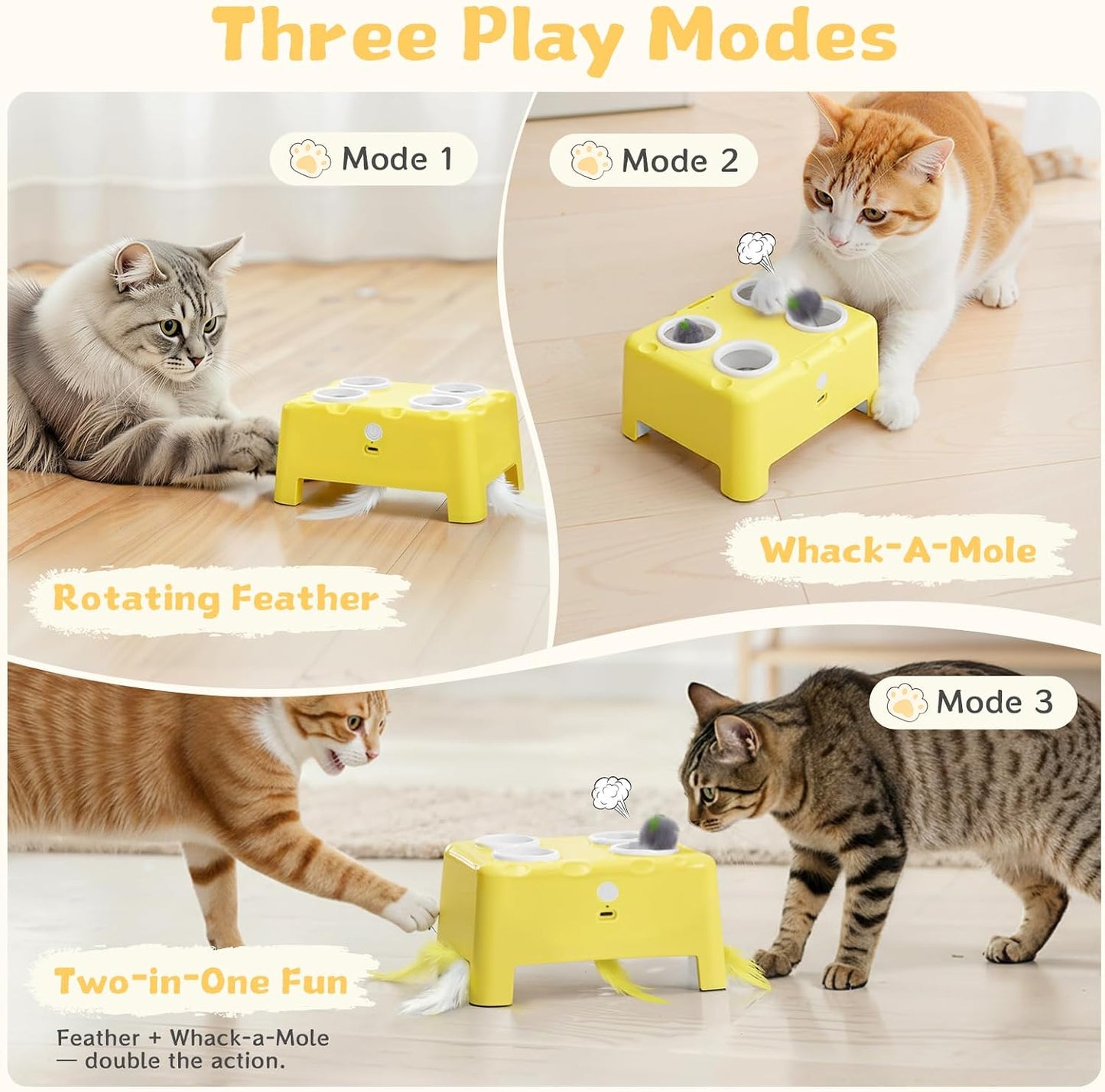 🧀 Interactive Cat Toy – 3 Modes, 4‑Hole Whack‑a‑Mole, Rechargeable, with 4 Accessories