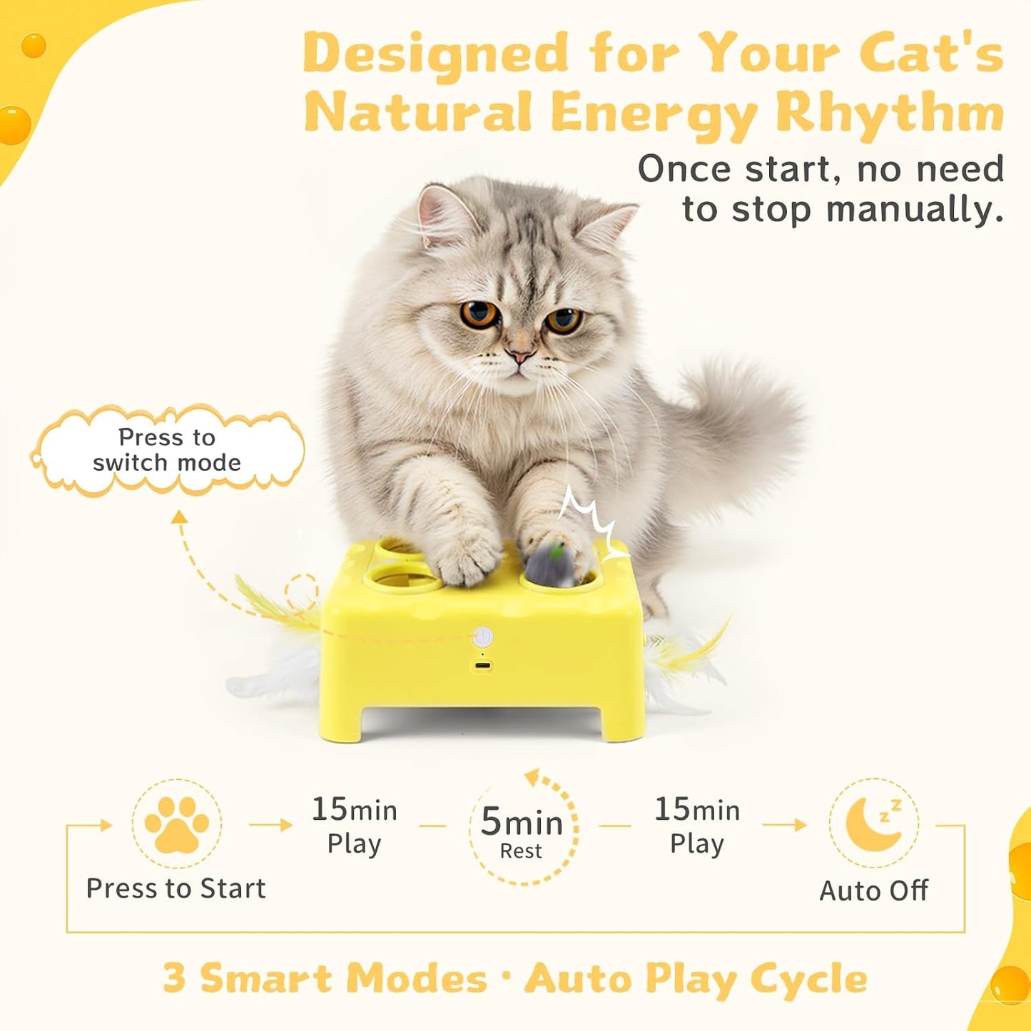 🧀 Interactive Cat Toy – 3 Modes, 4‑Hole Whack‑a‑Mole, Rechargeable, with 4 Accessories