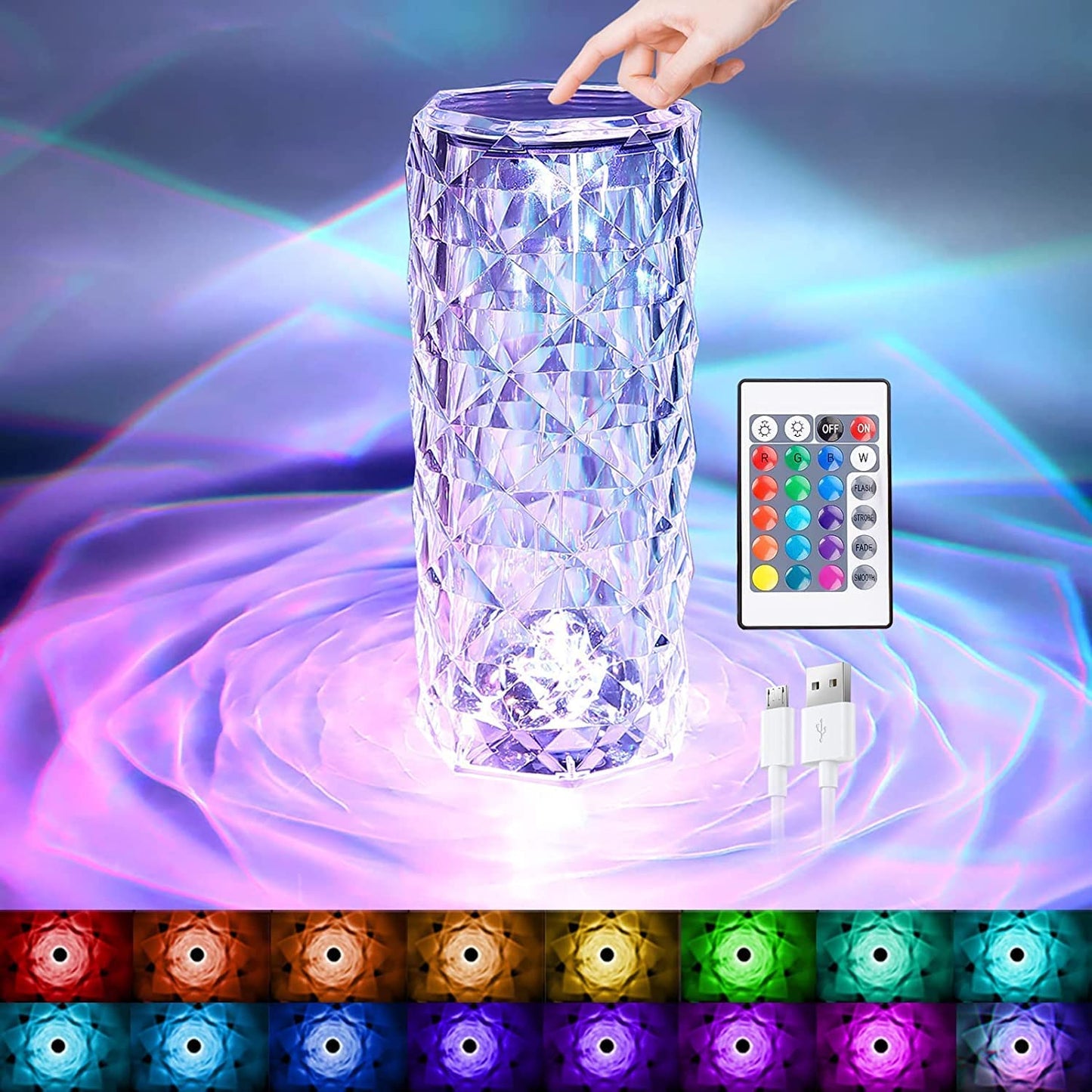 🌹 16‑Color Crystal Rose Table Lamp – USB Rechargeable, Touch & Remote Control, Cordless