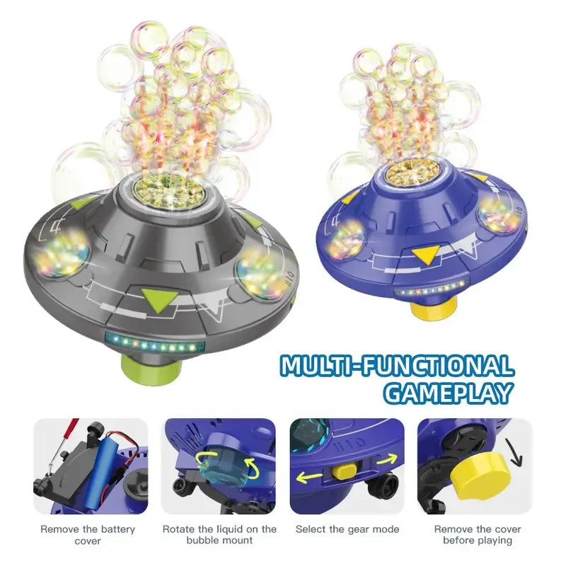 🚀 Kids Portable Bubble Machine – UFO Shape with LED Lights, Music & 360° Auto‑Spin
