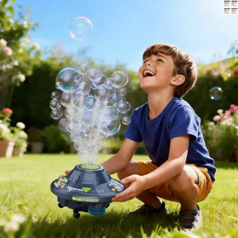 🚀 Kids Portable Bubble Machine – UFO Shape with LED Lights, Music & 360° Auto‑Spin