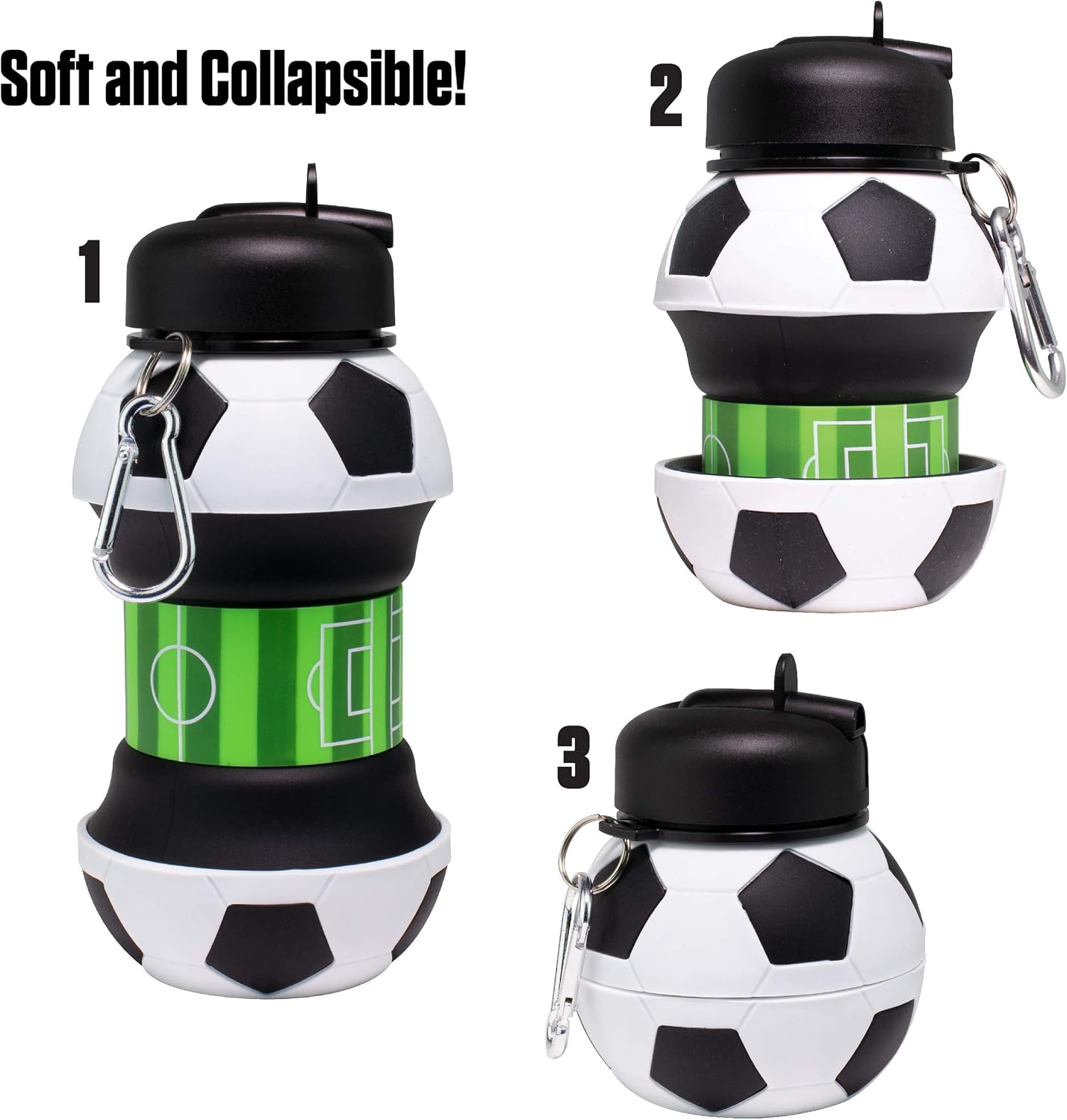 ⚽ Collapsible Soccer Ball Water Bottle – 18 oz,BPA‑Free Silicone, Leak‑Proof, with Carry Clip