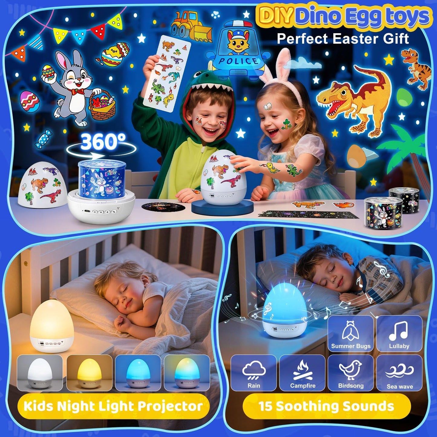 🥚 5-in-1 Dinosaur Egg Night Light – Sound Machine, Projector, 15 Sounds, 12 Slides, 360°