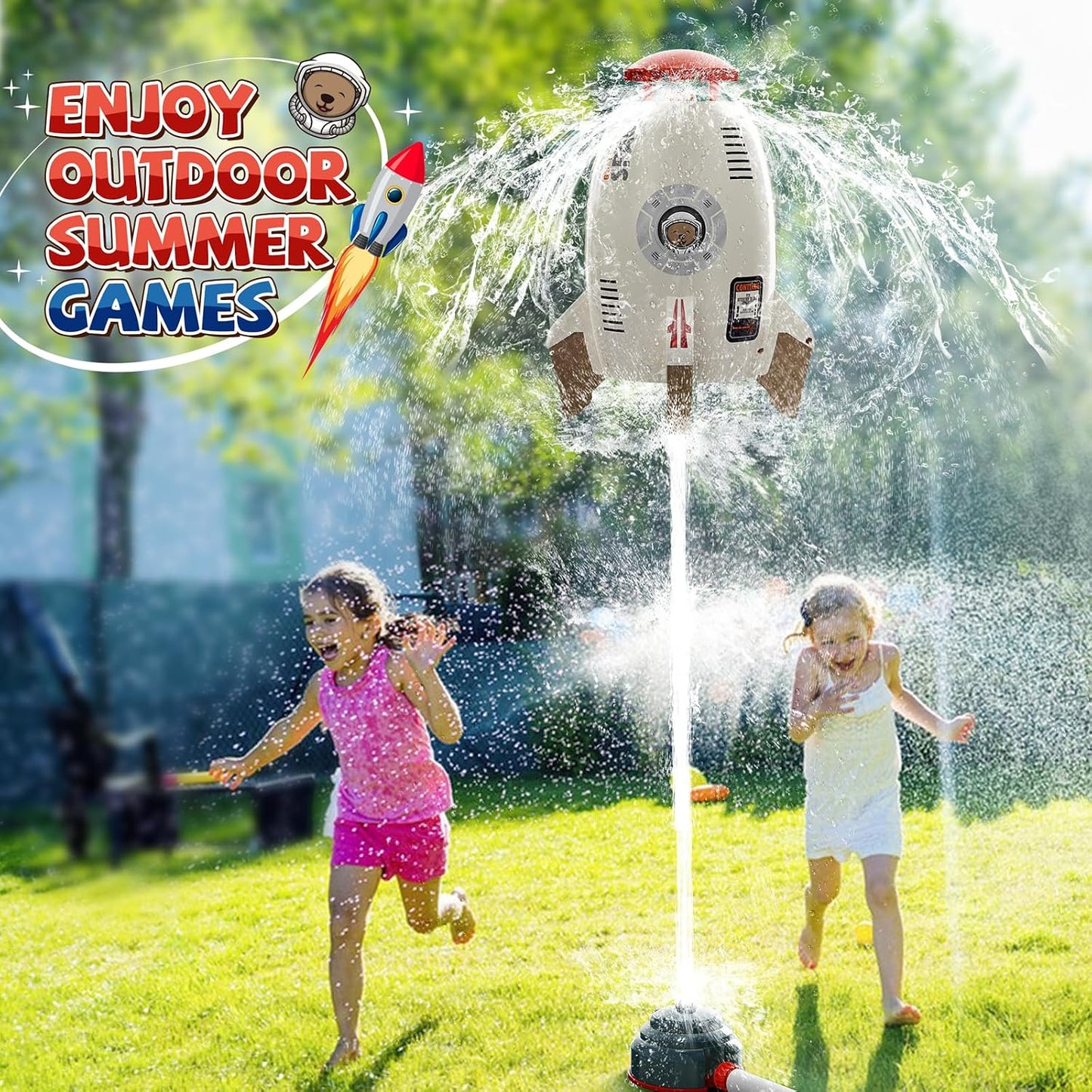 🚀 Rocket Water Sprinkler for Kids – DIY Stickers, Adjustable Spray Height 6.9ft, Summer Outdoor Fun