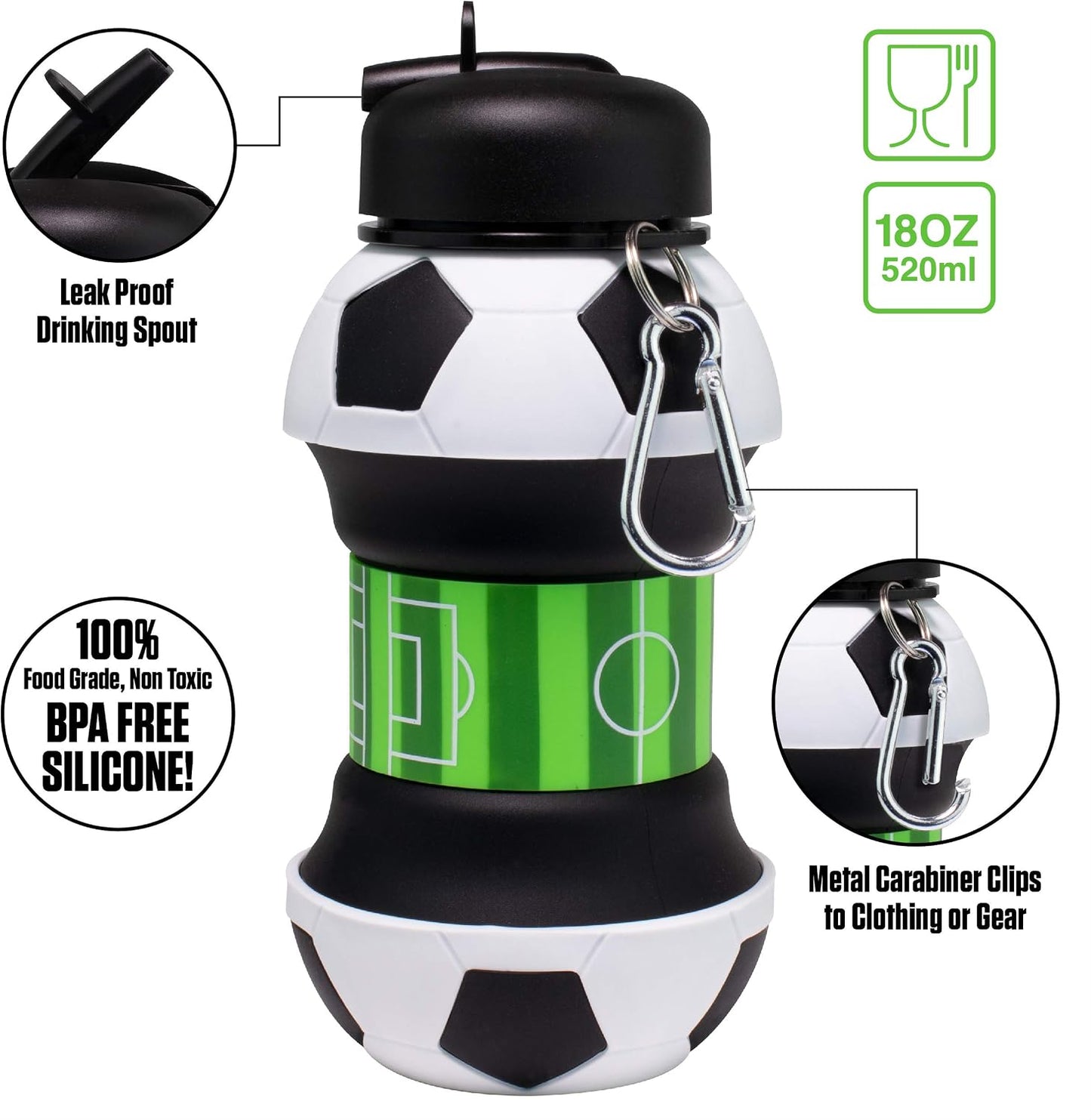 ⚽ Collapsible Soccer Ball Water Bottle – 18 oz,BPA‑Free Silicone, Leak‑Proof, with Carry Clip