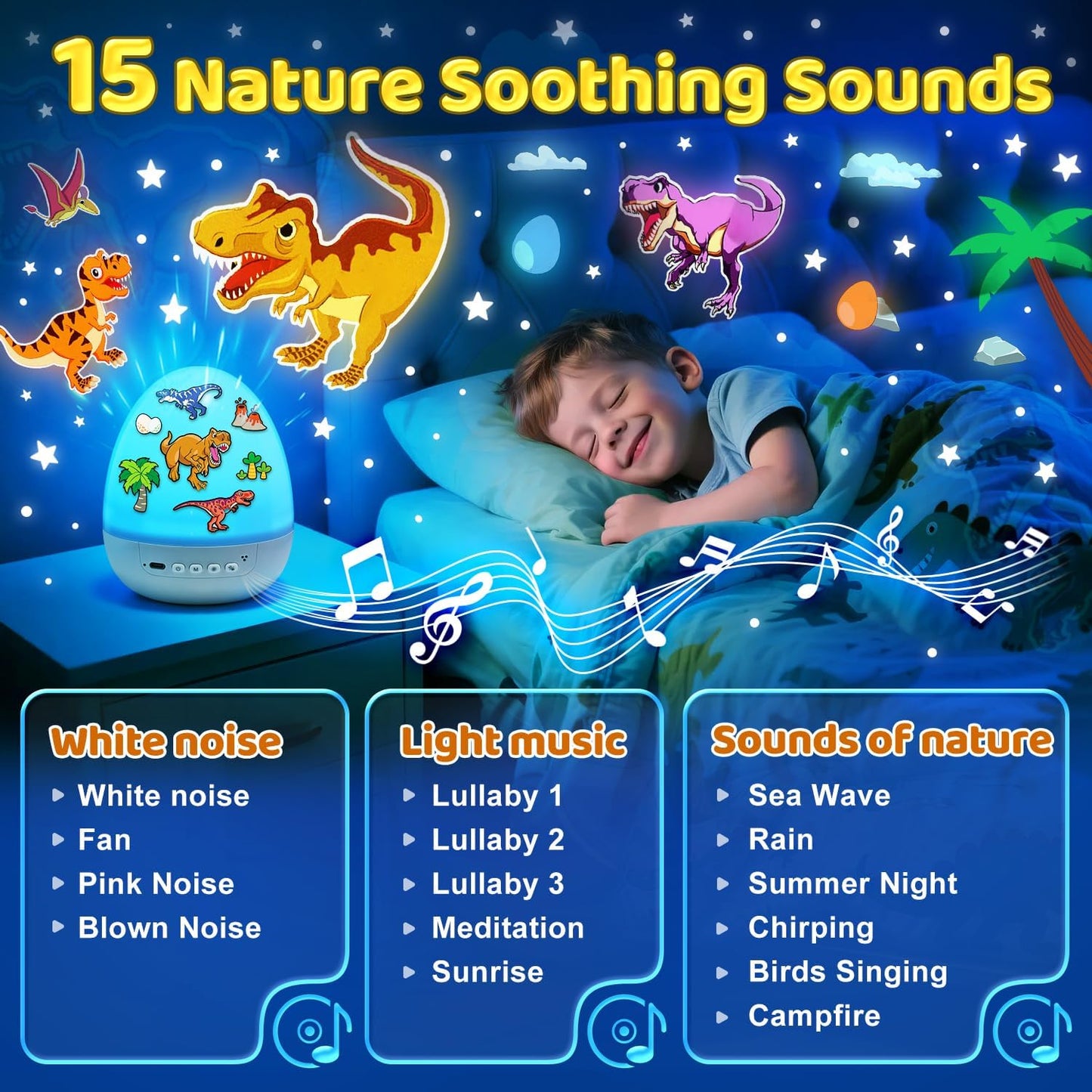 🥚 5-in-1 Dinosaur Egg Night Light – Sound Machine, Projector, 15 Sounds, 12 Slides, 360°