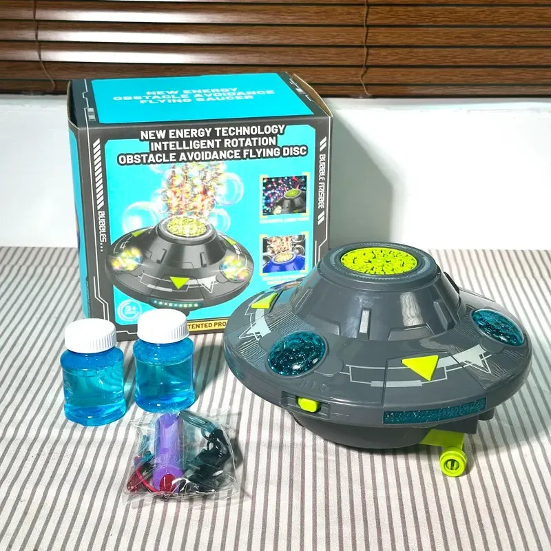 🚀 Kids Portable Bubble Machine – UFO Shape with LED Lights, Music & 360° Auto‑Spin