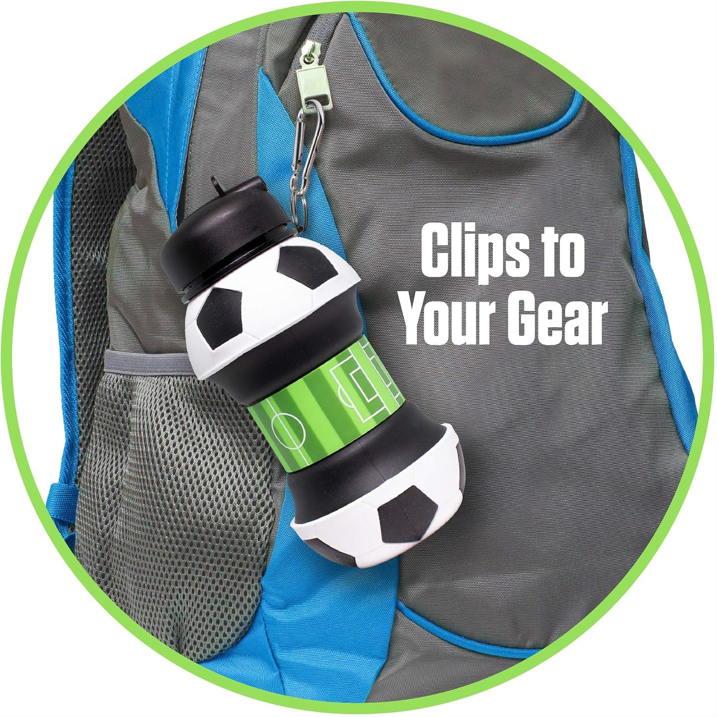 ⚽ Collapsible Soccer Ball Water Bottle – 18 oz,BPA‑Free Silicone, Leak‑Proof, with Carry Clip
