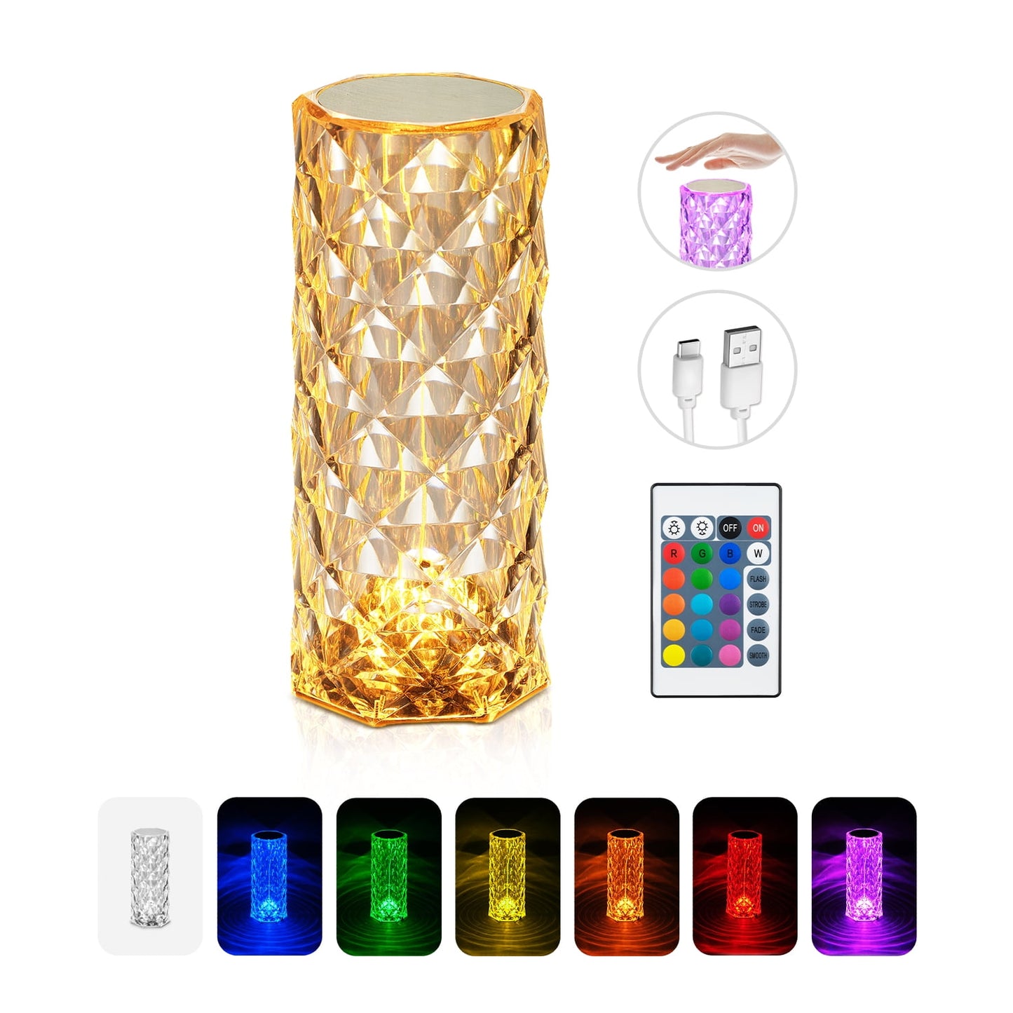 🌹 16‑Color Crystal Rose Table Lamp – USB Rechargeable, Touch & Remote Control, Cordless
