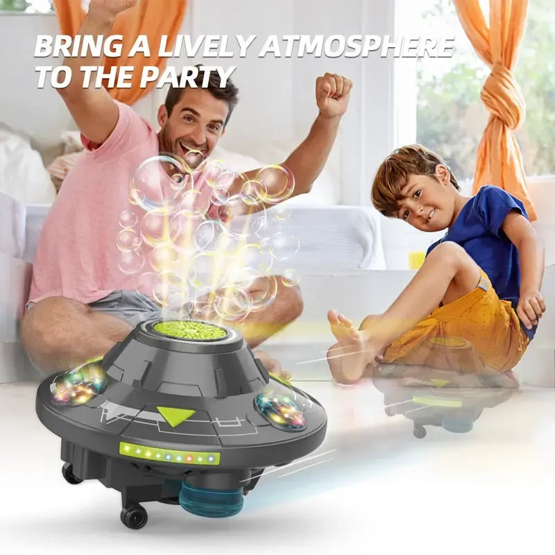 🚀 Kids Portable Bubble Machine – UFO Shape with LED Lights, Music & 360° Auto‑Spin