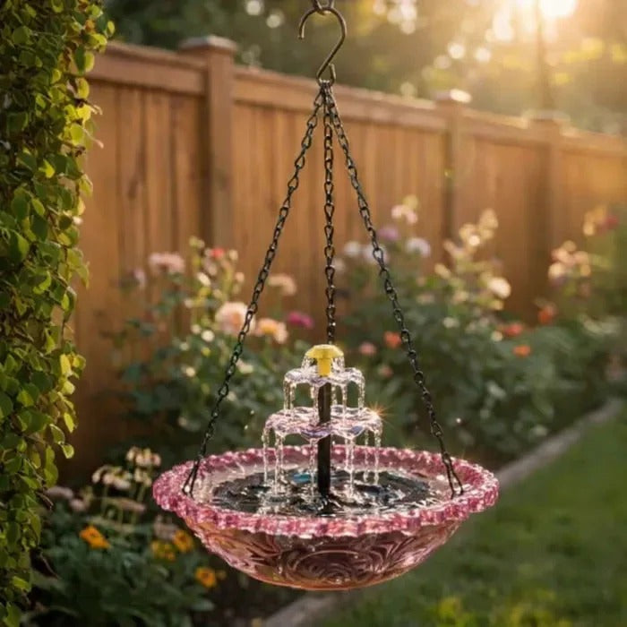 ☀️ Solar Cascade Hanging Bird Bath Fountain – Solar Powered, 8 Spray Modes, Hanging Glass Bowl