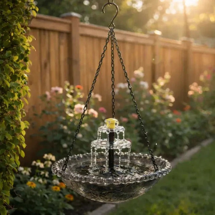 ☀️ Solar Cascade Hanging Bird Bath Fountain – Solar Powered, 8 Spray Modes, Hanging Glass Bowl