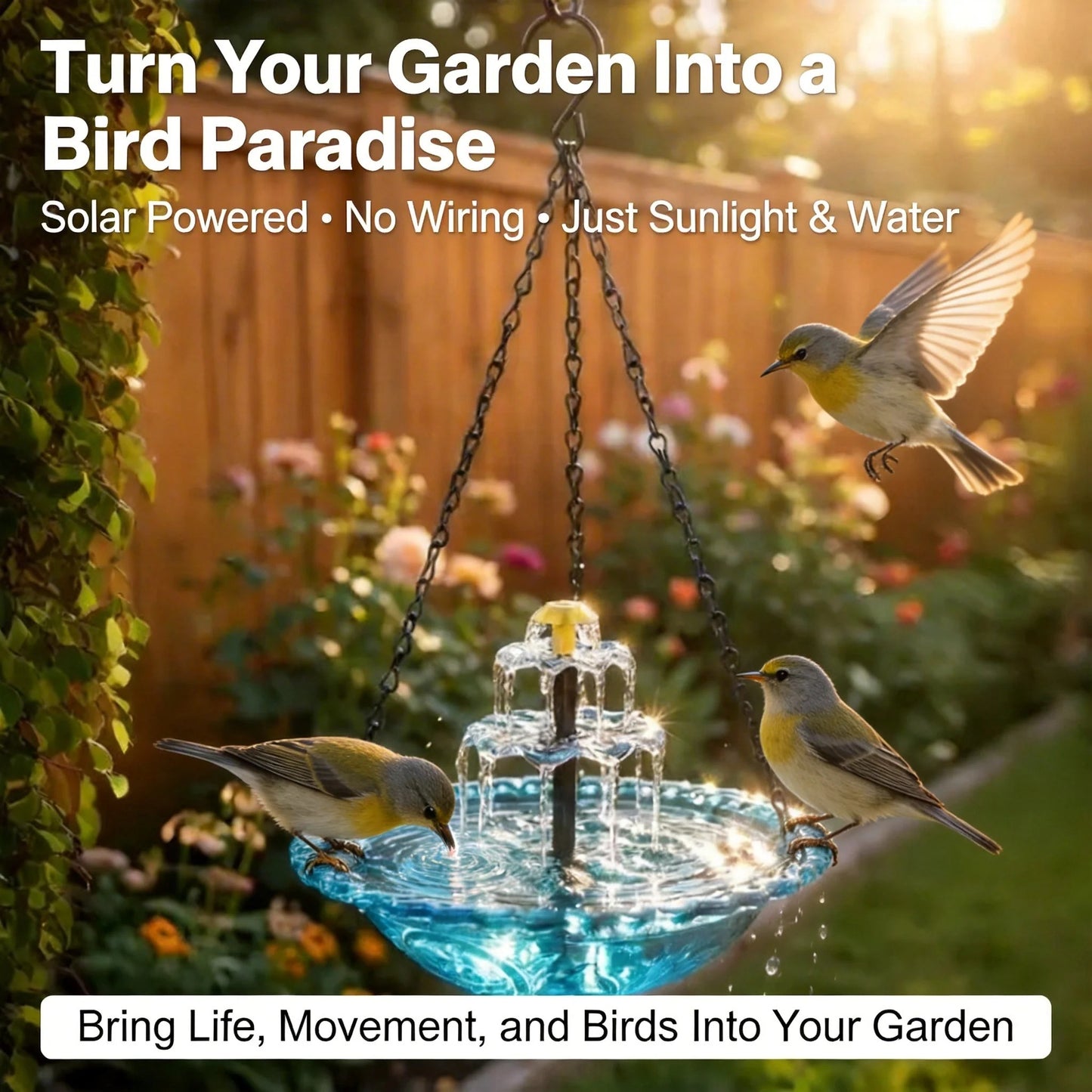 ☀️ Solar Cascade Hanging Bird Bath Fountain – Solar Powered, 8 Spray Modes, Hanging Glass Bowl