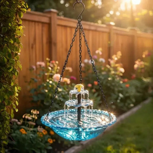 ☀️ Solar Cascade Hanging Bird Bath Fountain – Solar Powered, 8 Spray Modes, Hanging Glass Bowl