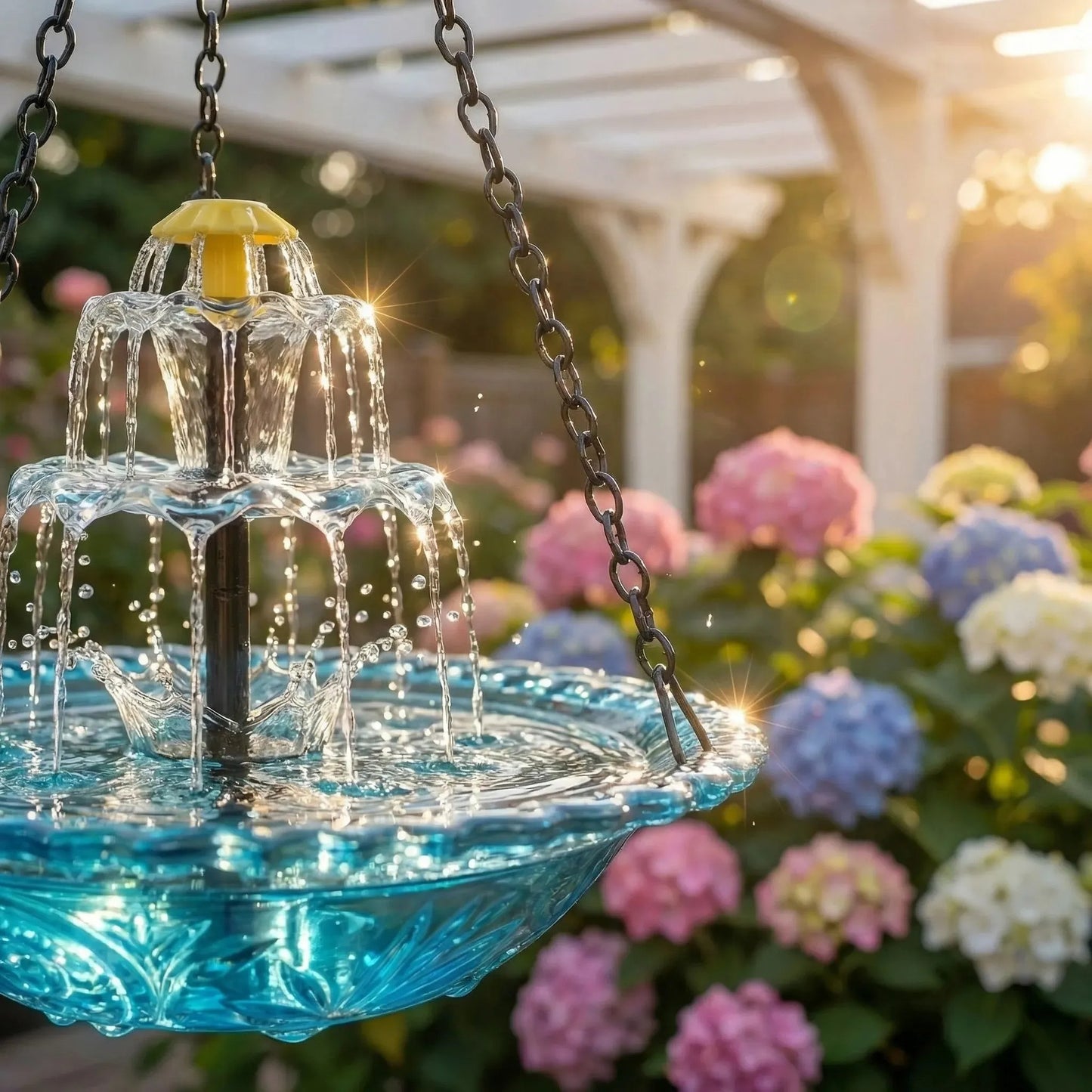 ☀️ Solar Cascade Hanging Bird Bath Fountain – Solar Powered, 8 Spray Modes, Hanging Glass Bowl