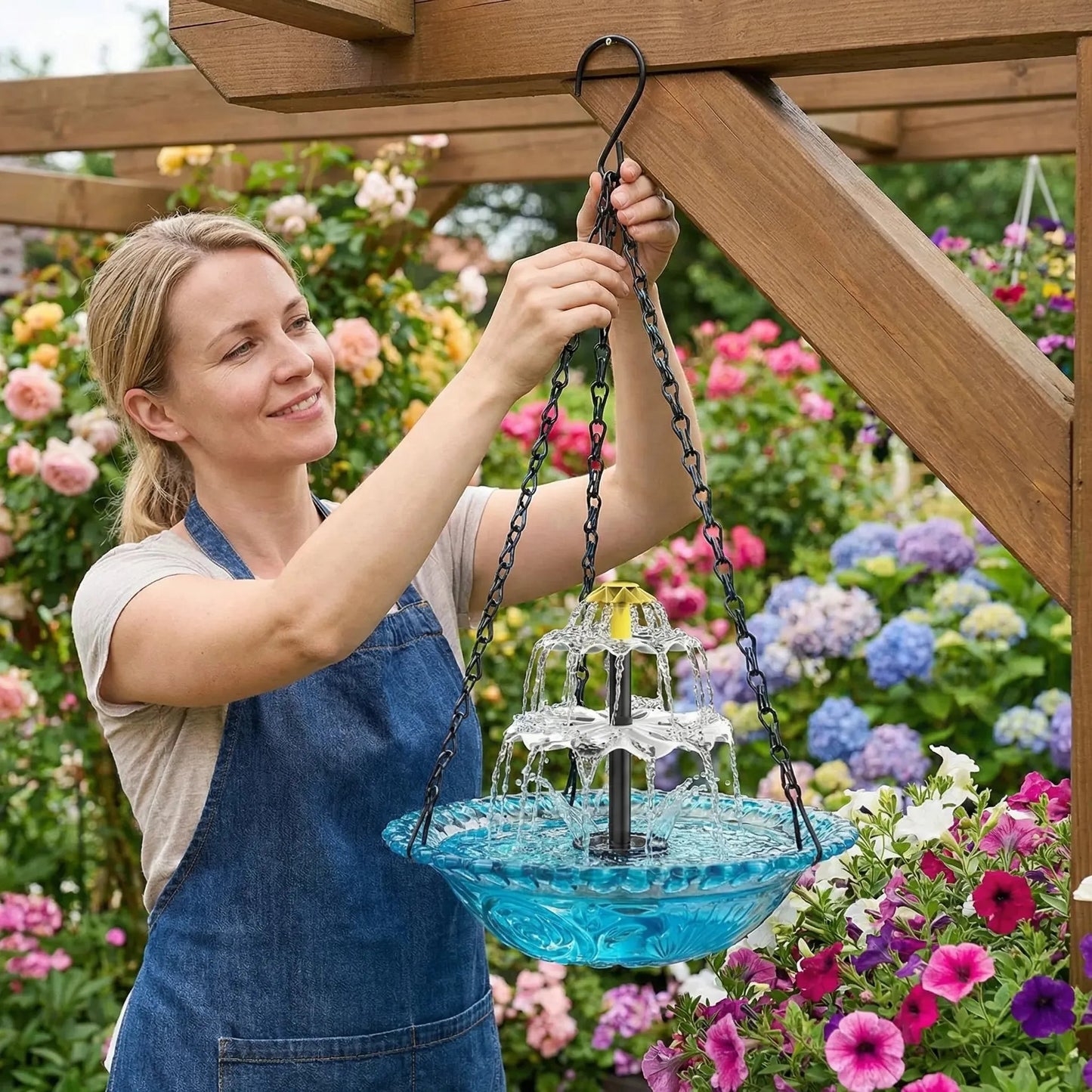 ☀️ Solar Cascade Hanging Bird Bath Fountain – Solar Powered, 8 Spray Modes, Hanging Glass Bowl