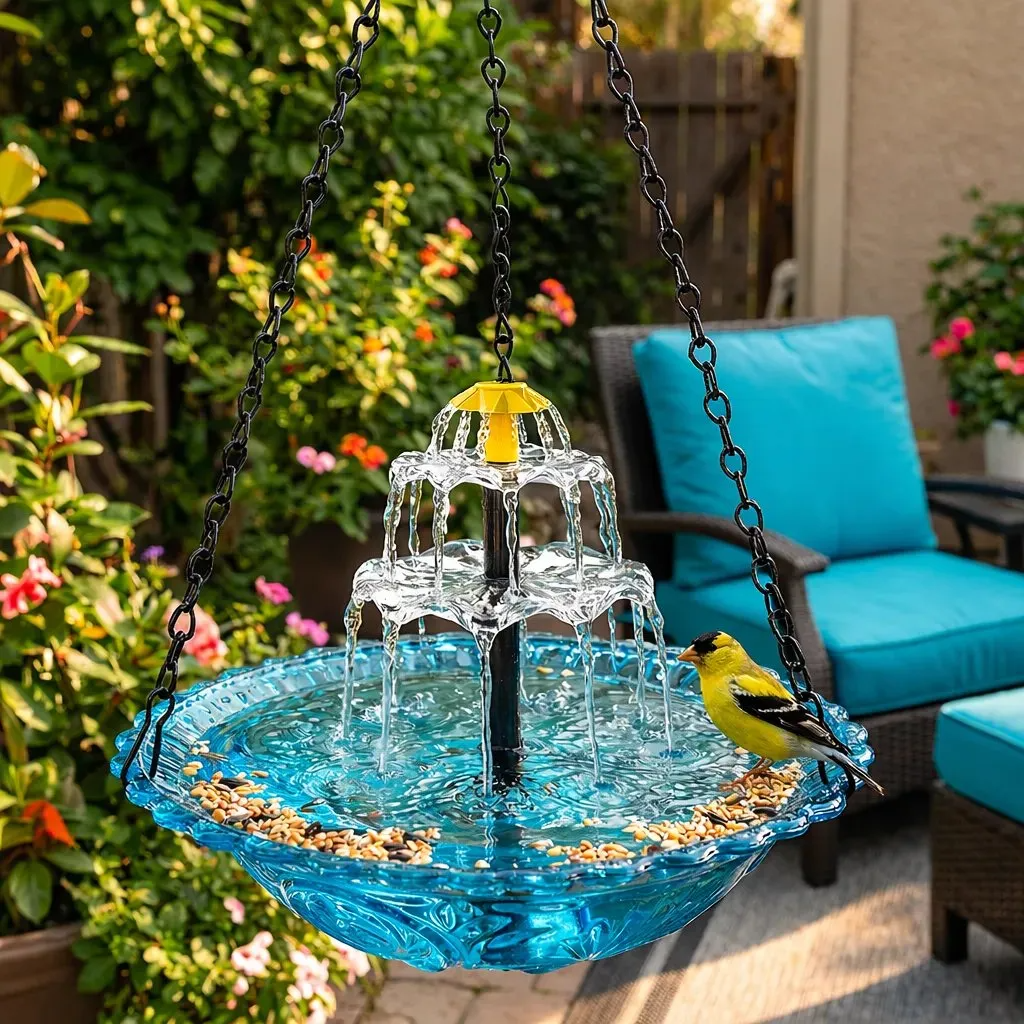 ☀️ Solar Cascade Hanging Bird Bath Fountain – Solar Powered, 8 Spray Modes, Hanging Glass Bowl