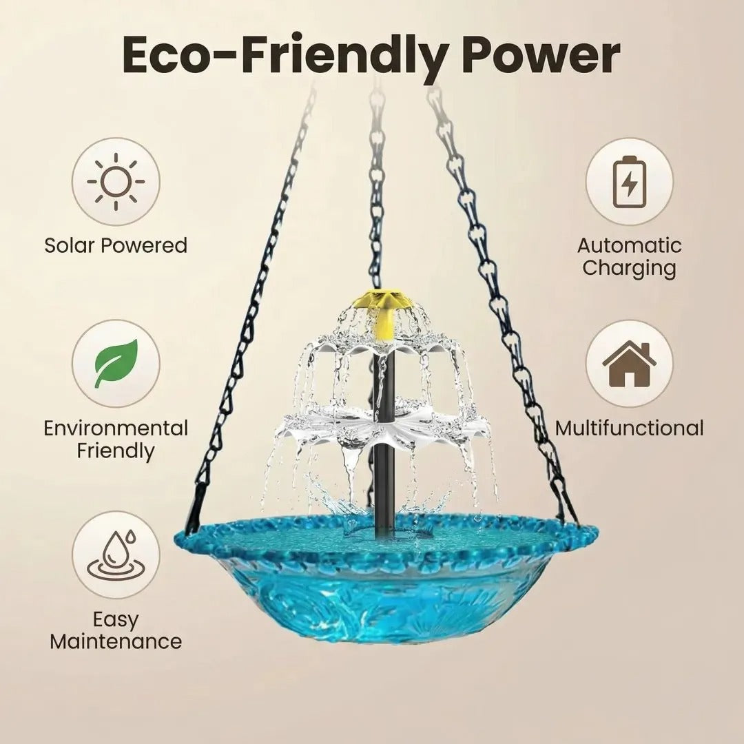 ☀️ Solar Cascade Hanging Bird Bath Fountain – Solar Powered, 8 Spray Modes, Hanging Glass Bowl