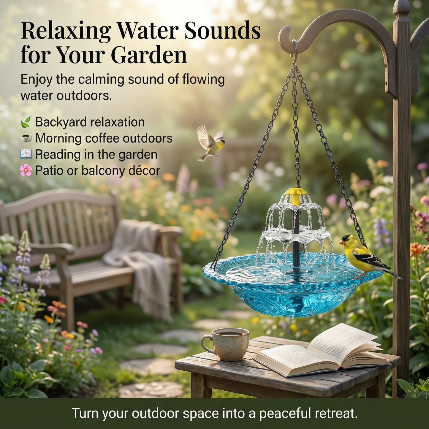 ☀️ Solar Cascade Hanging Bird Bath Fountain – Solar Powered, 8 Spray Modes, Hanging Glass Bowl