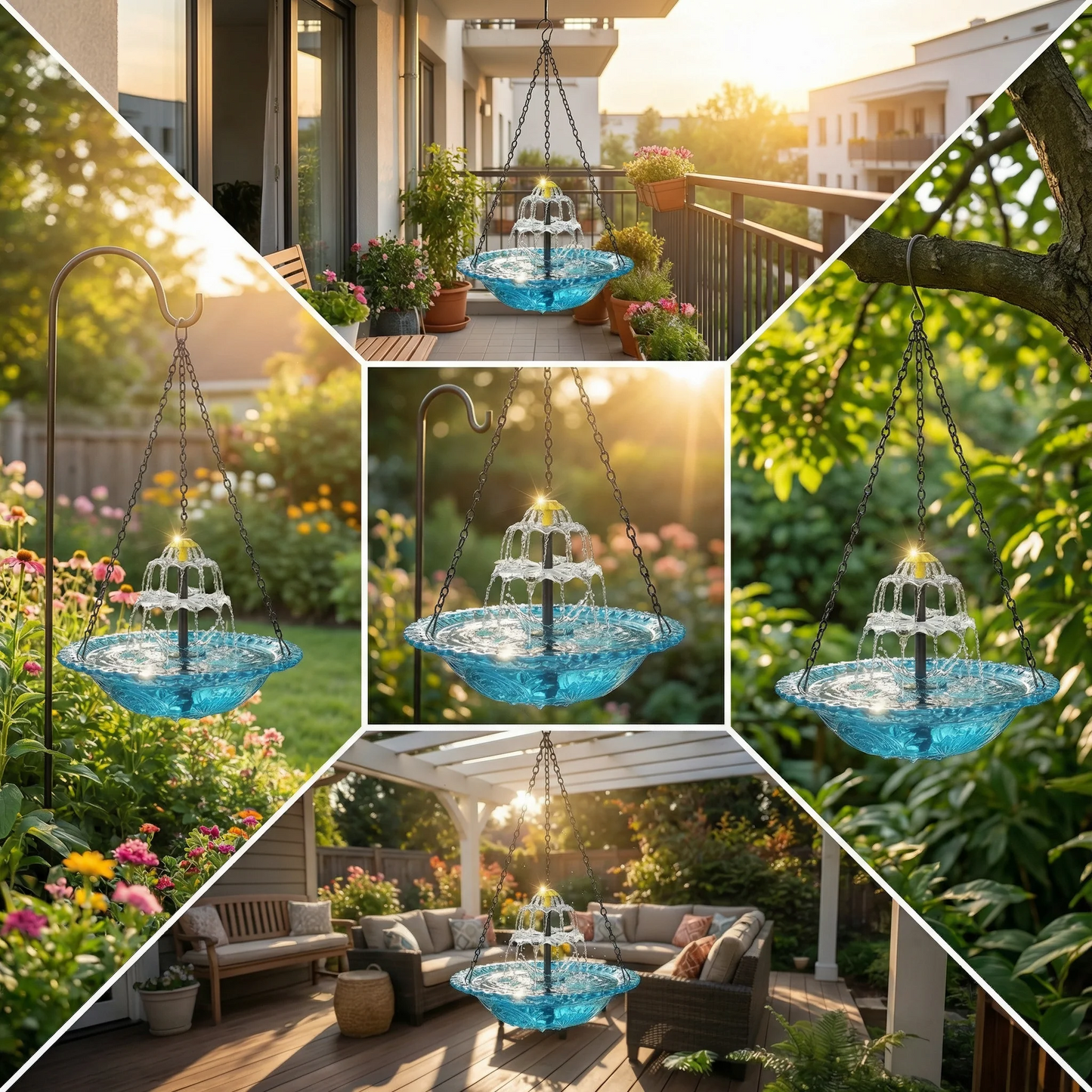 ☀️ Solar Cascade Hanging Bird Bath Fountain – Solar Powered, 8 Spray Modes, Hanging Glass Bowl
