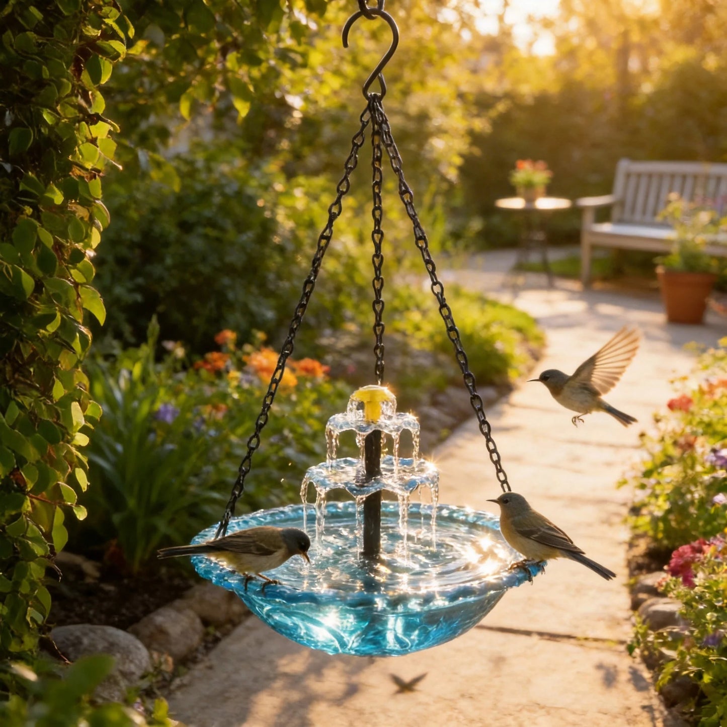 ☀️ Solar Cascade Hanging Bird Bath Fountain – Solar Powered, 8 Spray Modes, Hanging Glass Bowl