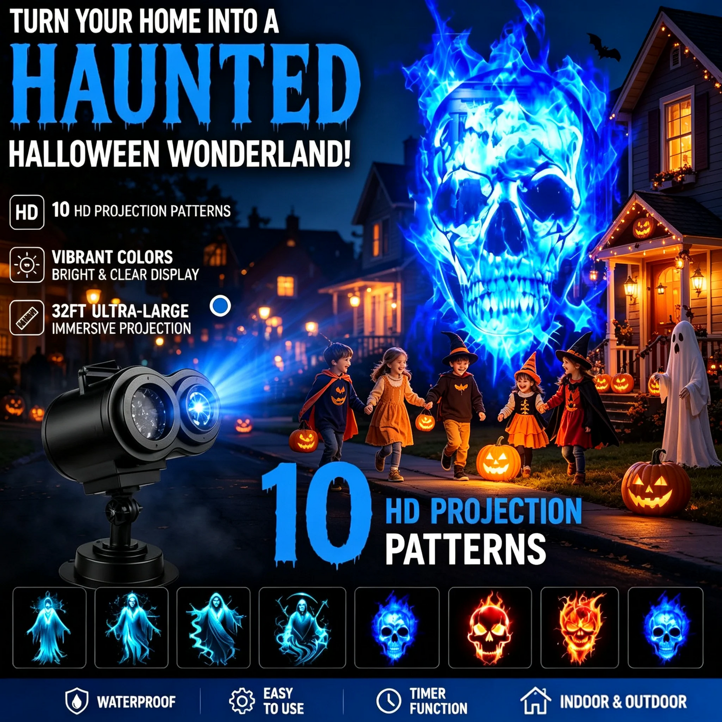 🎃👻 10‑Pattern HD Halloween Projection Light – 32FT Ultra‑Large Display, Instant Spooky Decor