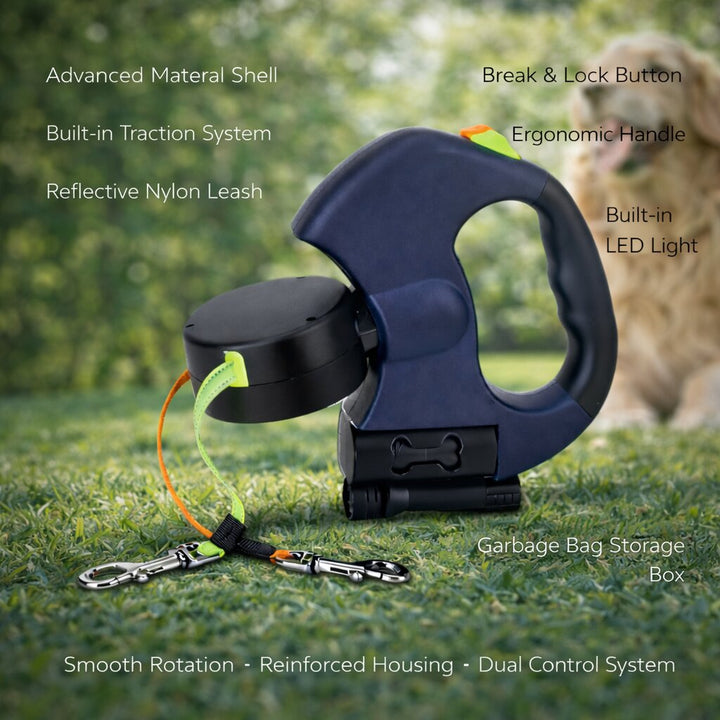 🐕 Retractable Double Dog Leash – Poop Bag Holder, LED Light, 360° Tangle‑Free Swivel