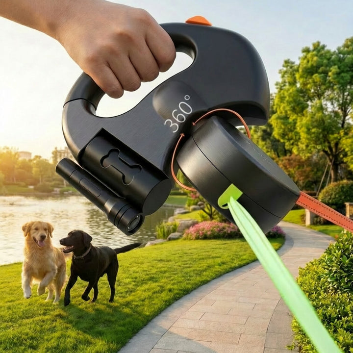 🐕 Retractable Double Dog Leash – Poop Bag Holder, LED Light, 360° Tangle‑Free Swivel
