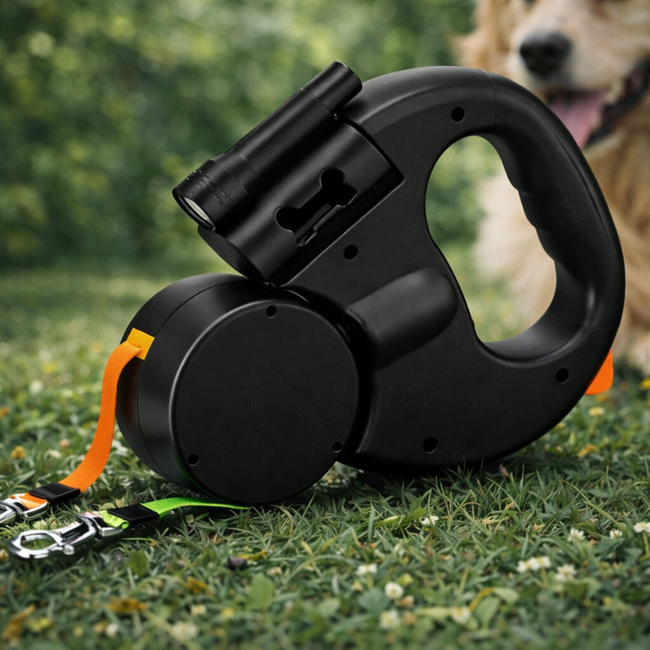 🐕 Retractable Double Dog Leash – Poop Bag Holder, LED Light, 360° Tangle‑Free Swivel