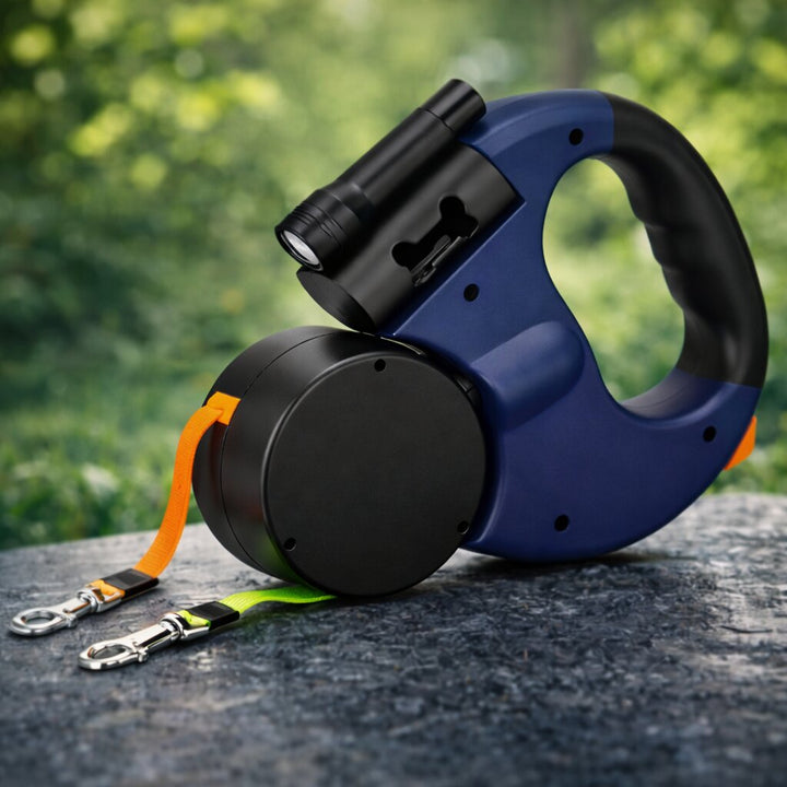 🐕 Retractable Double Dog Leash – Poop Bag Holder, LED Light, 360° Tangle‑Free Swivel