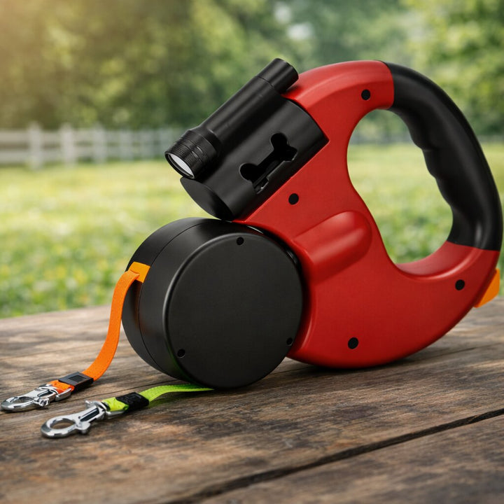 🐕 Retractable Double Dog Leash – Poop Bag Holder, LED Light, 360° Tangle‑Free Swivel