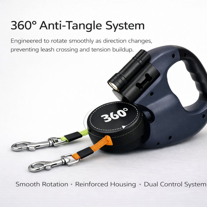🐕 Retractable Double Dog Leash – Poop Bag Holder, LED Light, 360° Tangle‑Free Swivel